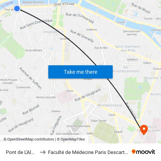 Pont de L'Alma to Faculté de Médecine Paris Descartes map