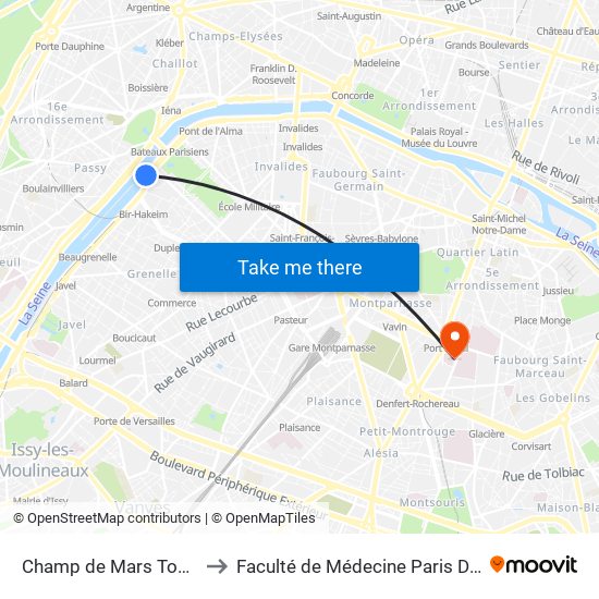 Champ de Mars Tour Eiffel to Faculté de Médecine Paris Descartes map