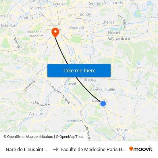 Gare de Lieusaint Moissy to Faculté de Médecine Paris Descartes map