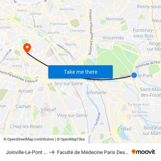 Joinville-Le-Pont RER to Faculté de Médecine Paris Descartes map