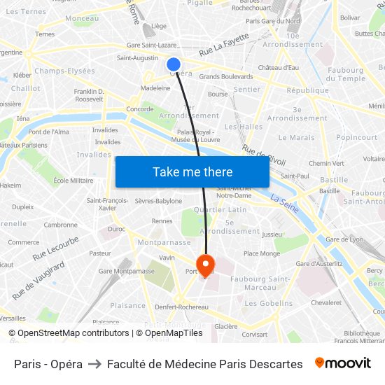 Paris - Opéra to Faculté de Médecine Paris Descartes map