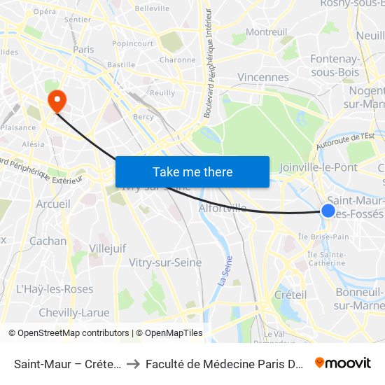 Saint-Maur – Créteil RER to Faculté de Médecine Paris Descartes map