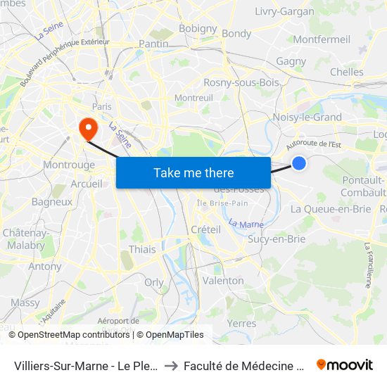 Villiers-Sur-Marne - Le Plessis-Trévise RER to Faculté de Médecine Paris Descartes map