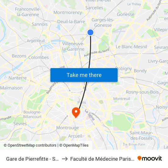 Gare de Pierrefitte - Stains RER to Faculté de Médecine Paris Descartes map