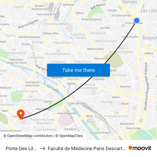 Porte Des Lilas to Faculté de Médecine Paris Descartes map
