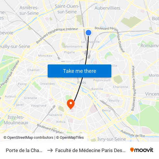 Porte de la Chapelle to Faculté de Médecine Paris Descartes map