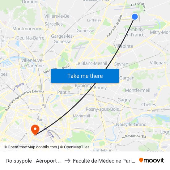 Roissypole - Aéroport Cdg1 (D1) to Faculté de Médecine Paris Descartes map