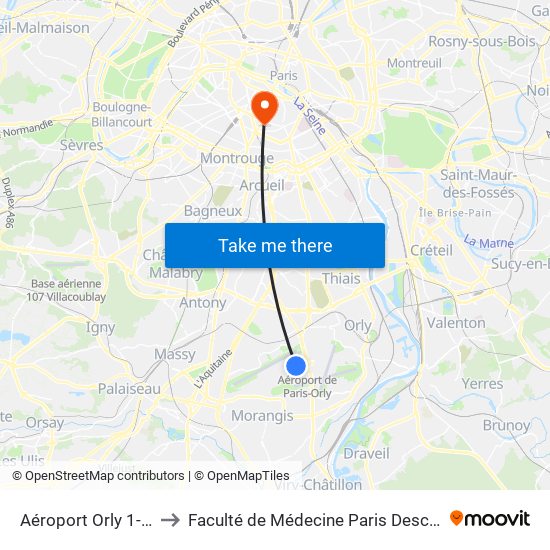 Aéroport Orly 1-2-3 to Faculté de Médecine Paris Descartes map