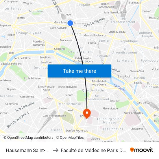 Haussmann Saint-Lazare to Faculté de Médecine Paris Descartes map