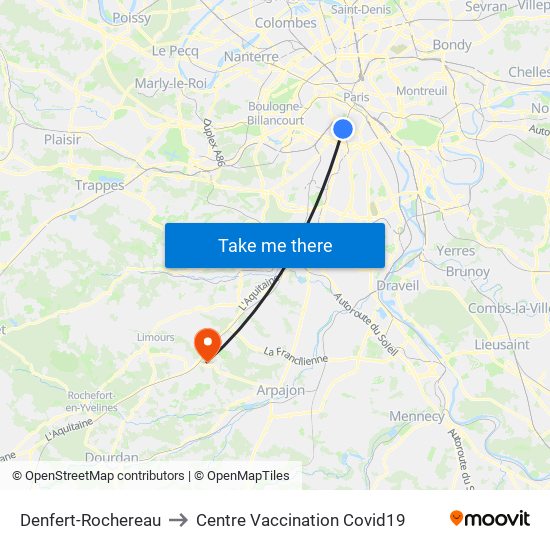 Denfert-Rochereau to Centre Vaccination Covid19 map