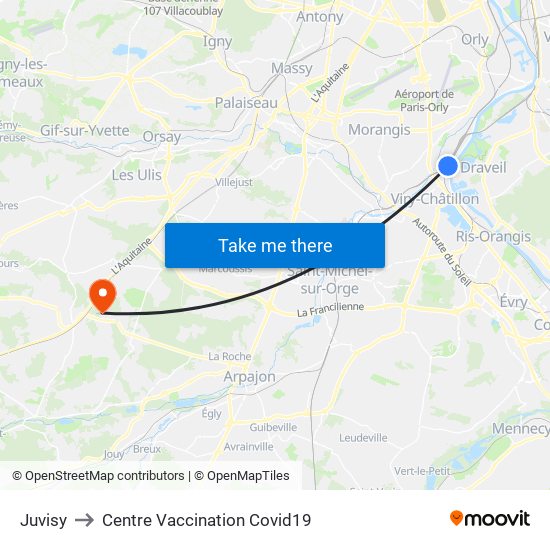 Juvisy to Centre Vaccination Covid19 map
