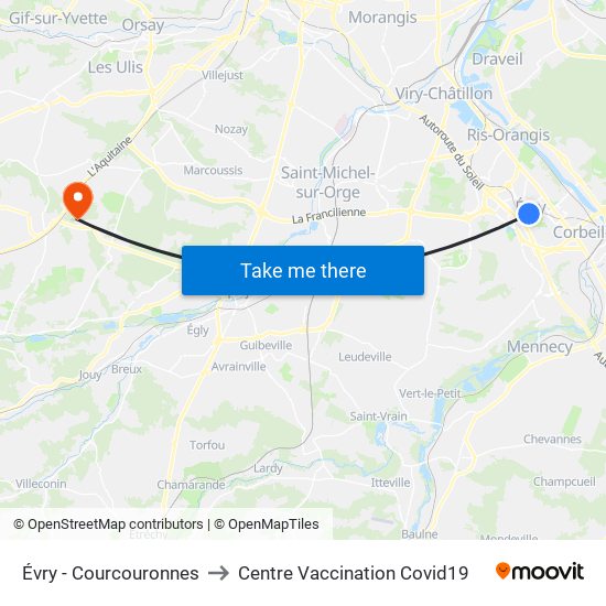 Évry - Courcouronnes to Centre Vaccination Covid19 map