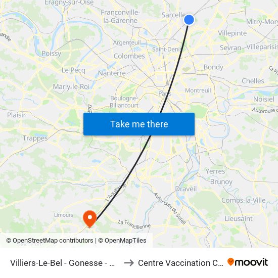 Villiers-Le-Bel - Gonesse - Arnouville to Centre Vaccination Covid19 map
