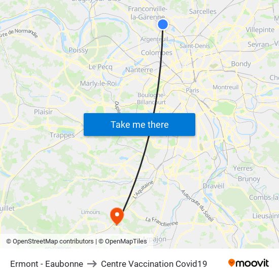 Ermont - Eaubonne to Centre Vaccination Covid19 map