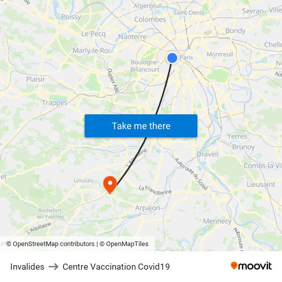 Invalides to Centre Vaccination Covid19 map