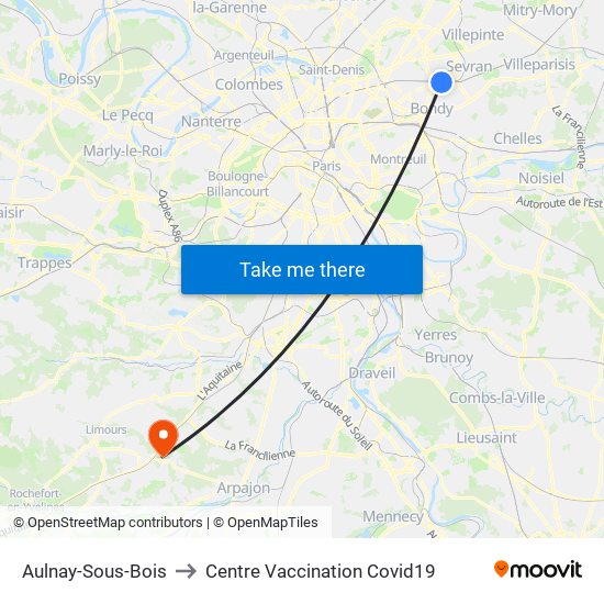 Aulnay-Sous-Bois to Centre Vaccination Covid19 map