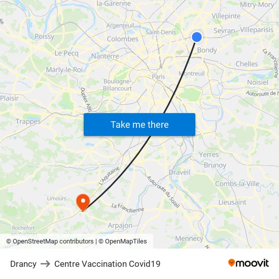 Drancy to Centre Vaccination Covid19 map