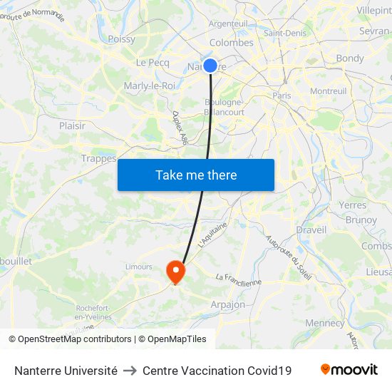 Nanterre Université to Centre Vaccination Covid19 map
