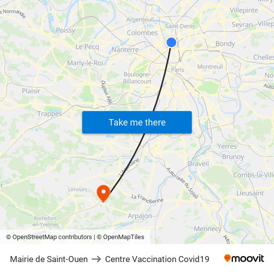 Mairie de Saint-Ouen to Centre Vaccination Covid19 map