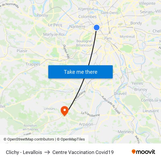 Clichy - Levallois to Centre Vaccination Covid19 map