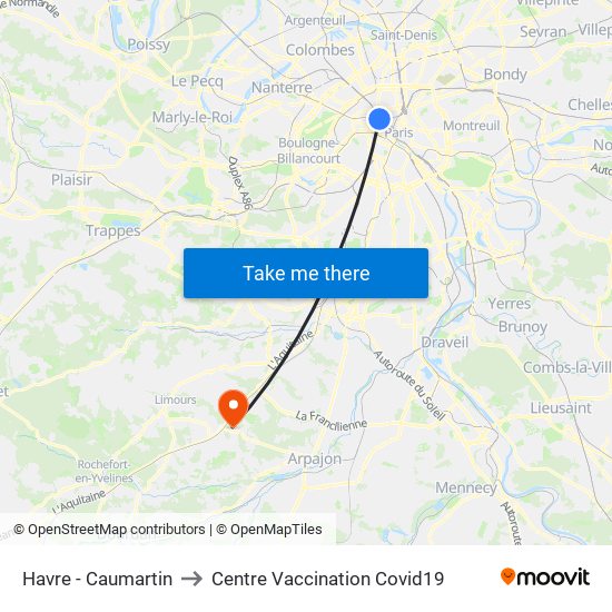Havre - Caumartin to Centre Vaccination Covid19 map