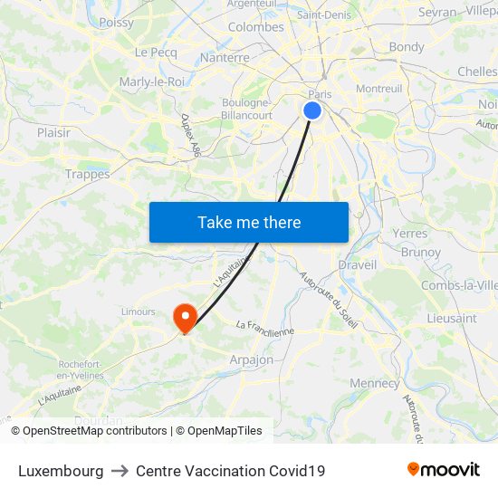 Luxembourg to Centre Vaccination Covid19 map