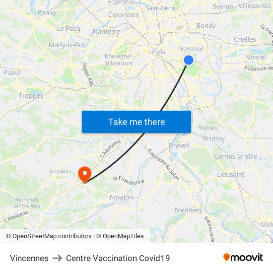 Vincennes to Centre Vaccination Covid19 map