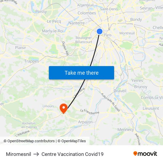 Miromesnil to Centre Vaccination Covid19 map