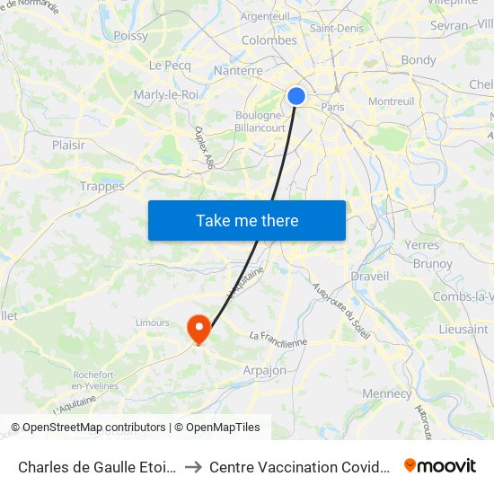 Charles de Gaulle Etoile to Centre Vaccination Covid19 map