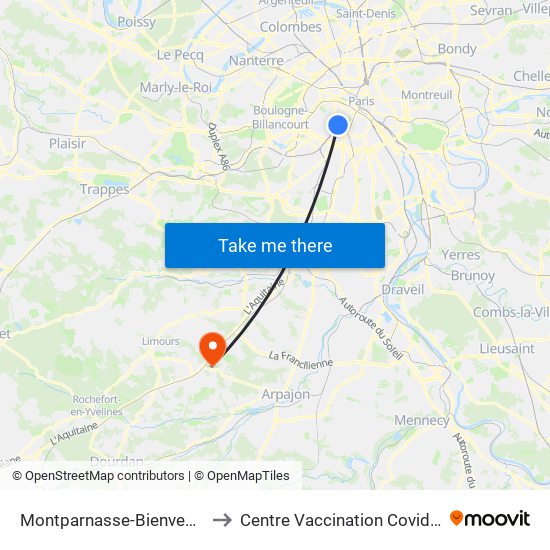 Montparnasse-Bienvenue to Centre Vaccination Covid19 map