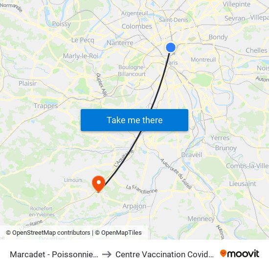 Marcadet - Poissonniers to Centre Vaccination Covid19 map