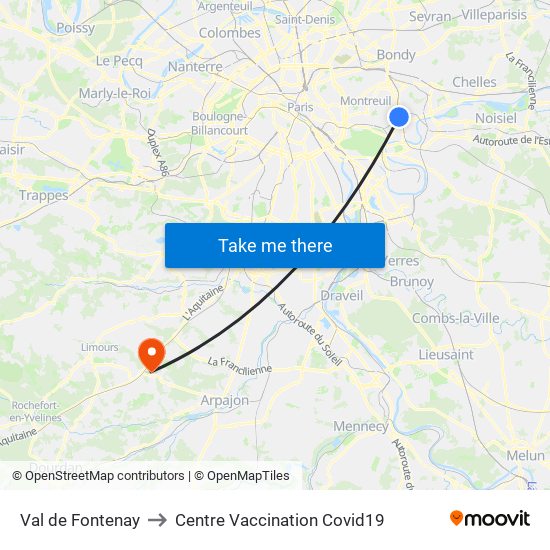 Val de Fontenay to Centre Vaccination Covid19 map