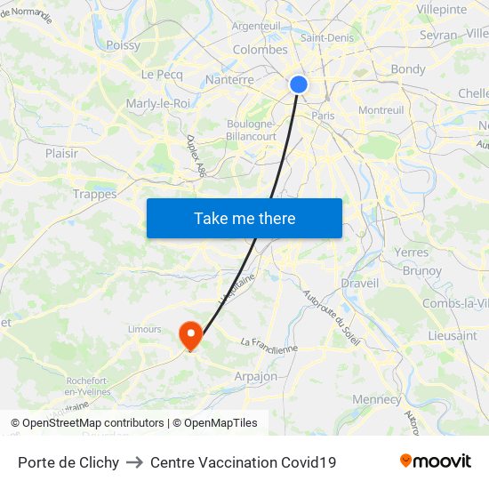 Porte de Clichy to Centre Vaccination Covid19 map