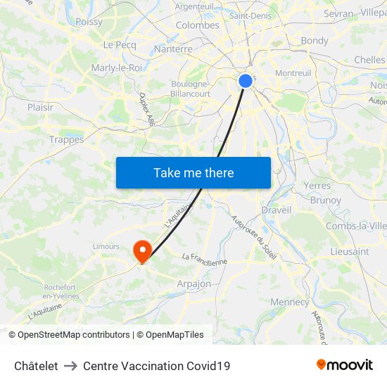 Châtelet to Centre Vaccination Covid19 map
