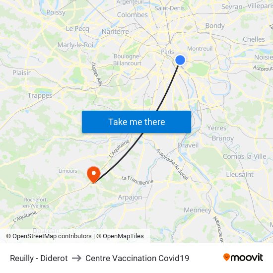 Reuilly - Diderot to Centre Vaccination Covid19 map