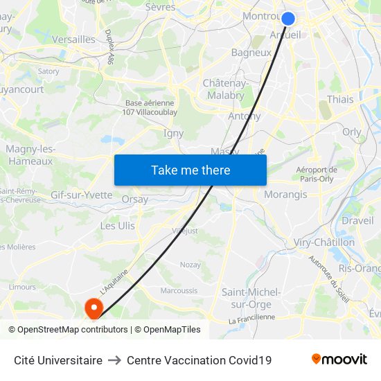 Cité Universitaire to Centre Vaccination Covid19 map