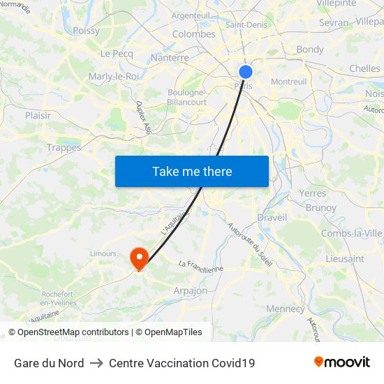 Gare du Nord to Centre Vaccination Covid19 map