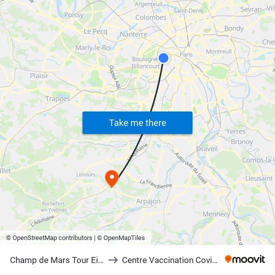 Champ de Mars Tour Eiffel to Centre Vaccination Covid19 map