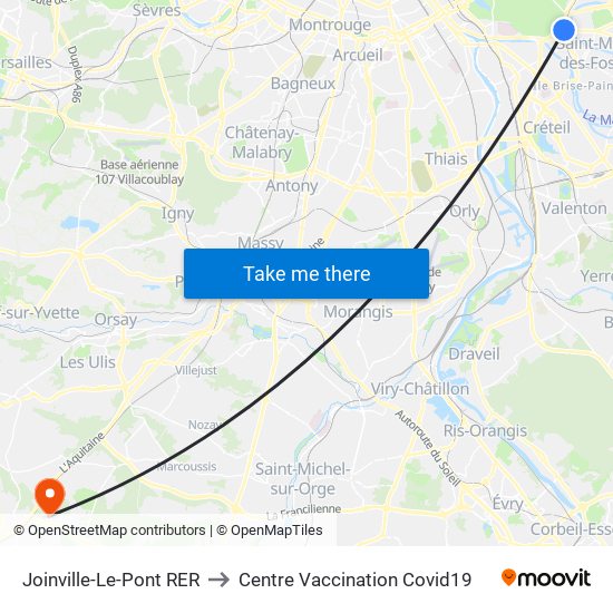 Joinville-Le-Pont RER to Centre Vaccination Covid19 map
