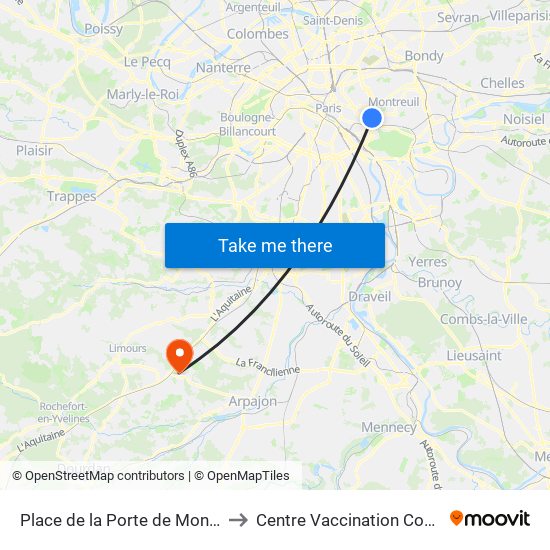 Place de la Porte de Montreuil to Centre Vaccination Covid19 map
