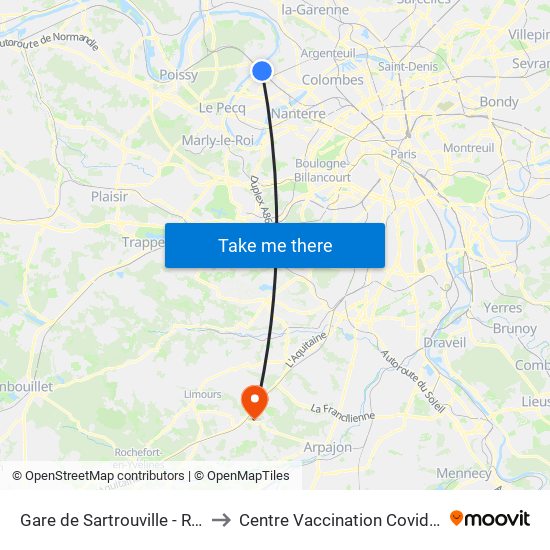 Gare de Sartrouville - RER to Centre Vaccination Covid19 map