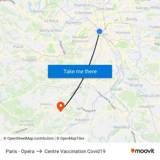 Paris - Opéra to Centre Vaccination Covid19 map