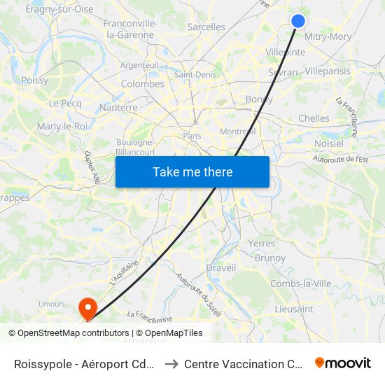 Roissypole - Aéroport Cdg1 (E2) to Centre Vaccination Covid19 map