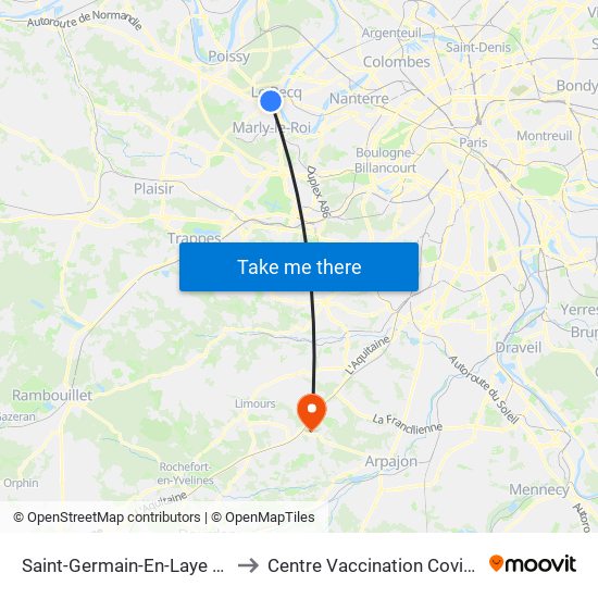 Saint-Germain-En-Laye RER to Centre Vaccination Covid19 map