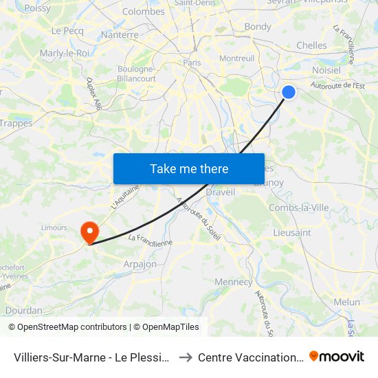 Villiers-Sur-Marne - Le Plessis-Trévise RER to Centre Vaccination Covid19 map