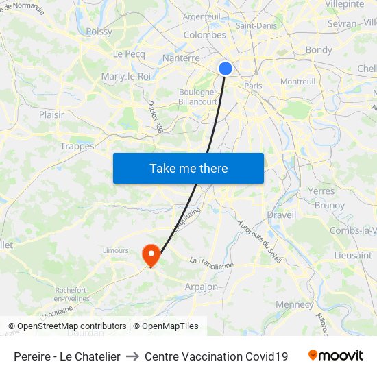 Pereire - Le Chatelier to Centre Vaccination Covid19 map