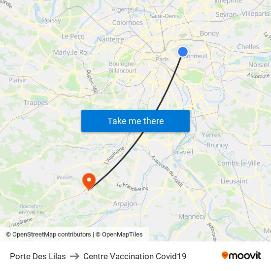 Porte Des Lilas to Centre Vaccination Covid19 map