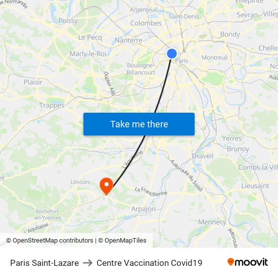 Paris Saint-Lazare to Centre Vaccination Covid19 map