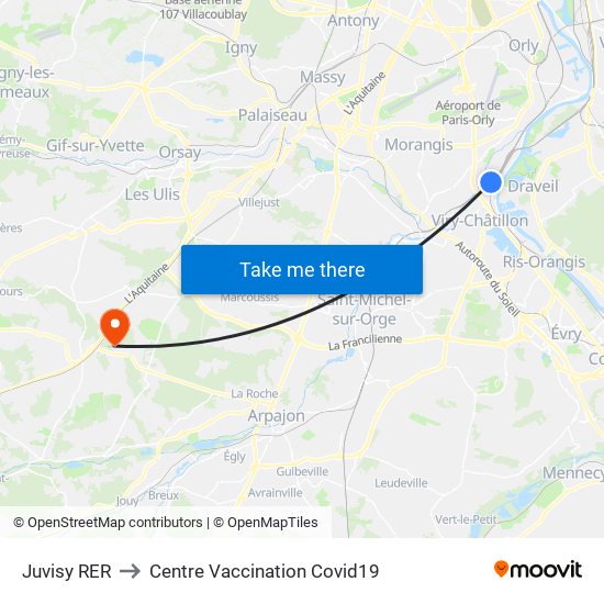 Juvisy RER to Centre Vaccination Covid19 map