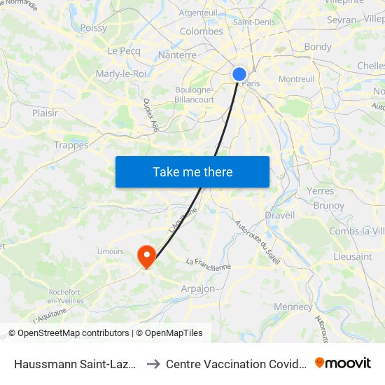 Haussmann Saint-Lazare to Centre Vaccination Covid19 map